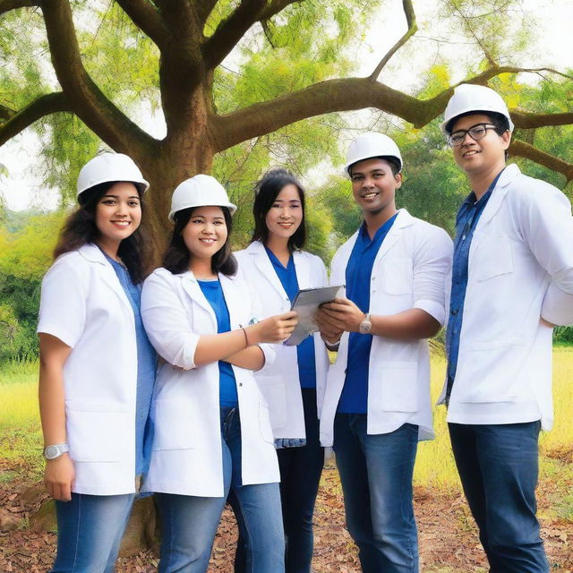 Five friends are standing together in front of a large tree