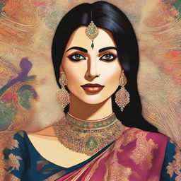 Create an image of an Indian woman wearing traditional clothing, such as a saree, with intricate patterns and vibrant colors