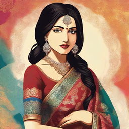 Create an image of an Indian woman wearing traditional clothing, such as a saree, with intricate patterns and vibrant colors