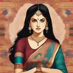 Create an image of an Indian woman wearing traditional clothing, such as a saree, with intricate patterns and vibrant colors