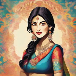 Create an image of an Indian woman wearing traditional clothing, such as a saree, with intricate patterns and vibrant colors