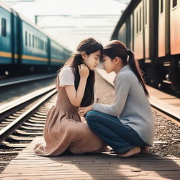 Create a cinematic emotional poster featuring a young girl sitting on her knees with folded hands, persuading a boy at a railway station