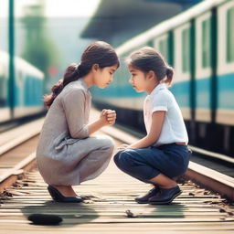 Create a cinematic emotional poster featuring a young girl sitting on her knees with folded hands, persuading a boy at a railway station