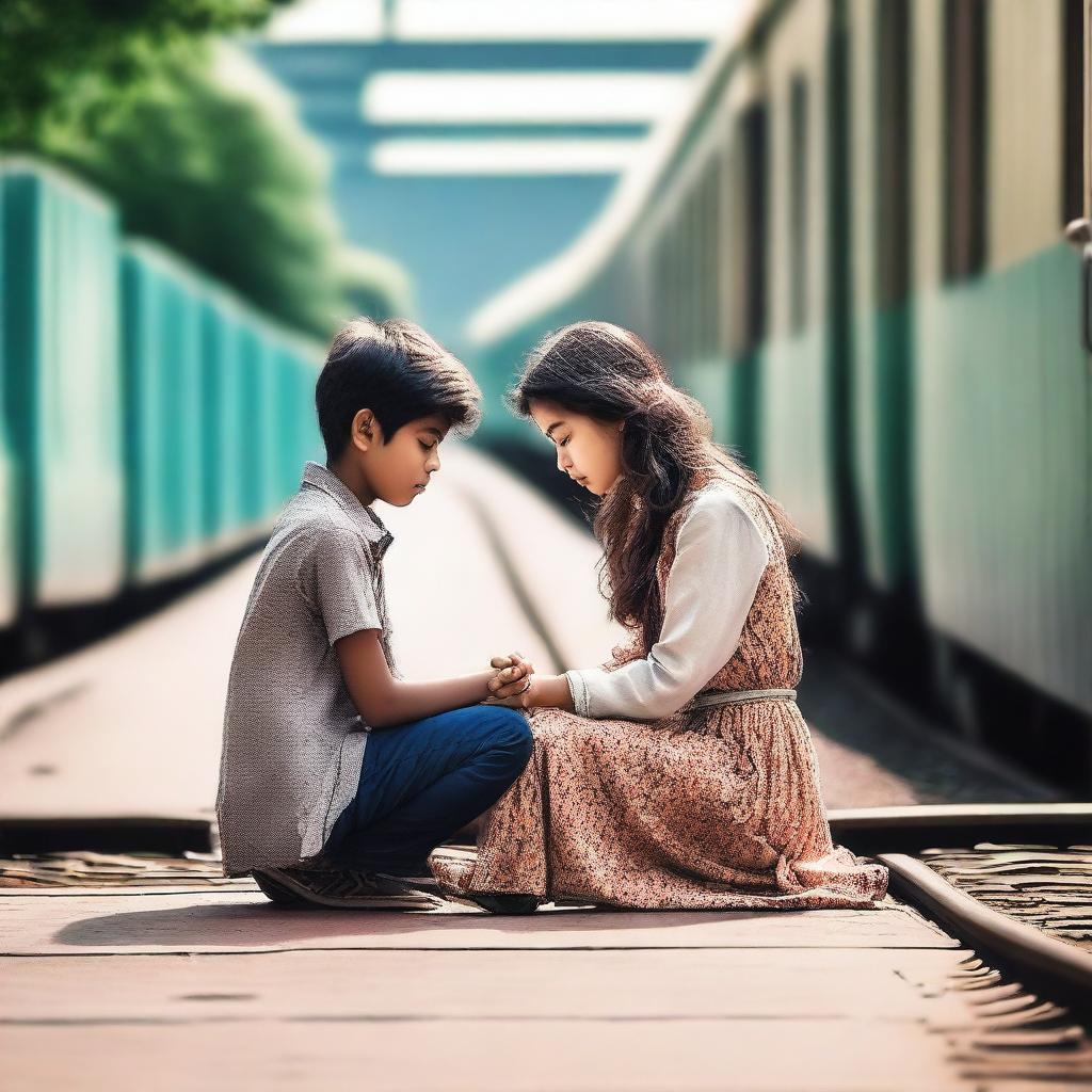 Create a cinematic emotional poster featuring a young girl sitting on her knees with folded hands, persuading a boy at a railway station