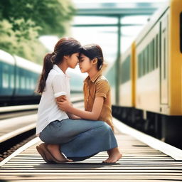 Create a cinematic emotional poster featuring a young girl sitting on her knees with folded hands, persuading a boy at a railway station