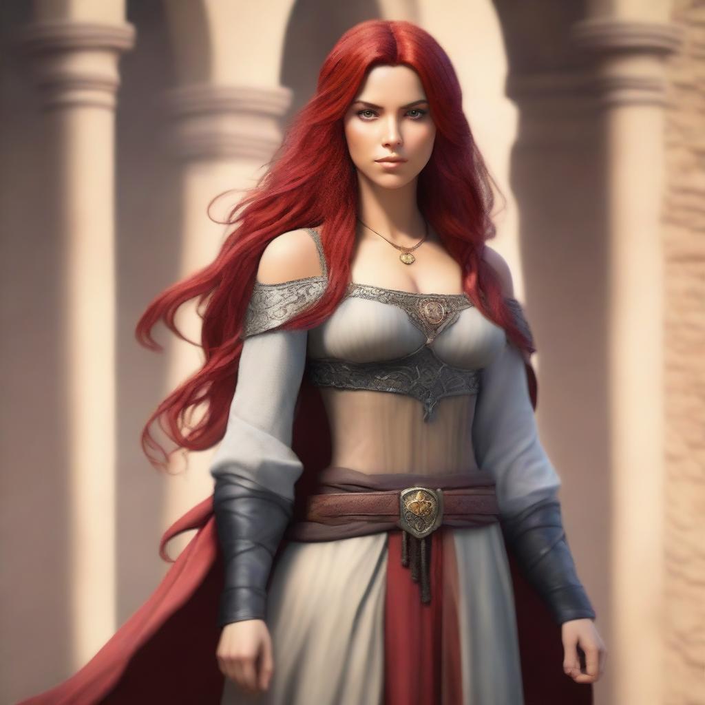 A full-body picture of a Latina female lead character in a medieval setting with a light background and hints of vibrant colors