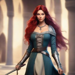 A full-body picture of a Latina female lead character in a medieval setting with a light background and hints of vibrant colors