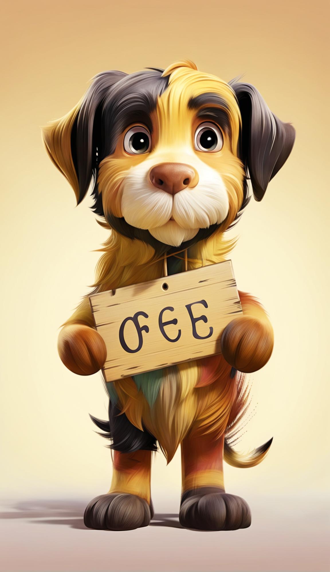 Animated friendly dog holding a rustic 'Offer' sign, subtly animated with wagging tail and blinking eyes, set against a pastel gradient background.