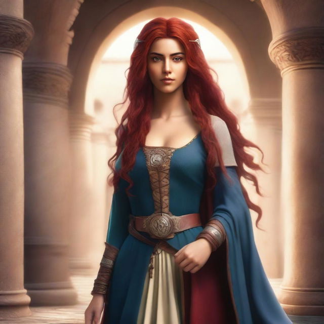 A full-body picture of a Latina female lead character in a medieval setting with a light background and hints of vibrant colors