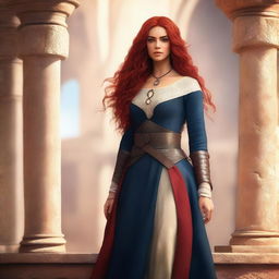 A full-body picture of a Latina female lead character in a medieval setting with a light background and hints of vibrant colors