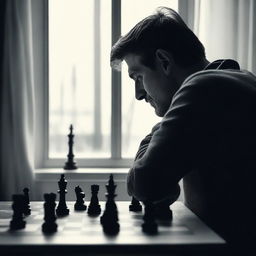 A melancholic man seen from behind, who loves chess