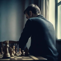 A melancholic man seen from behind, who loves chess