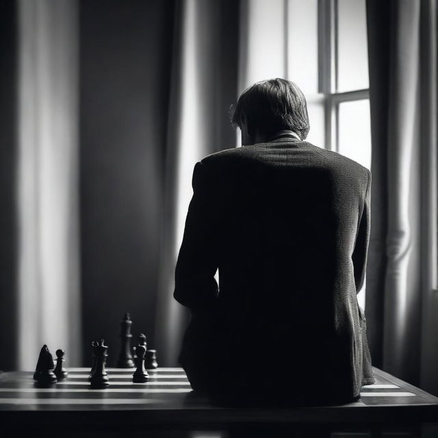 A melancholic man seen from behind, who loves chess