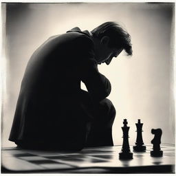 A melancholic man seen from behind, who loves chess