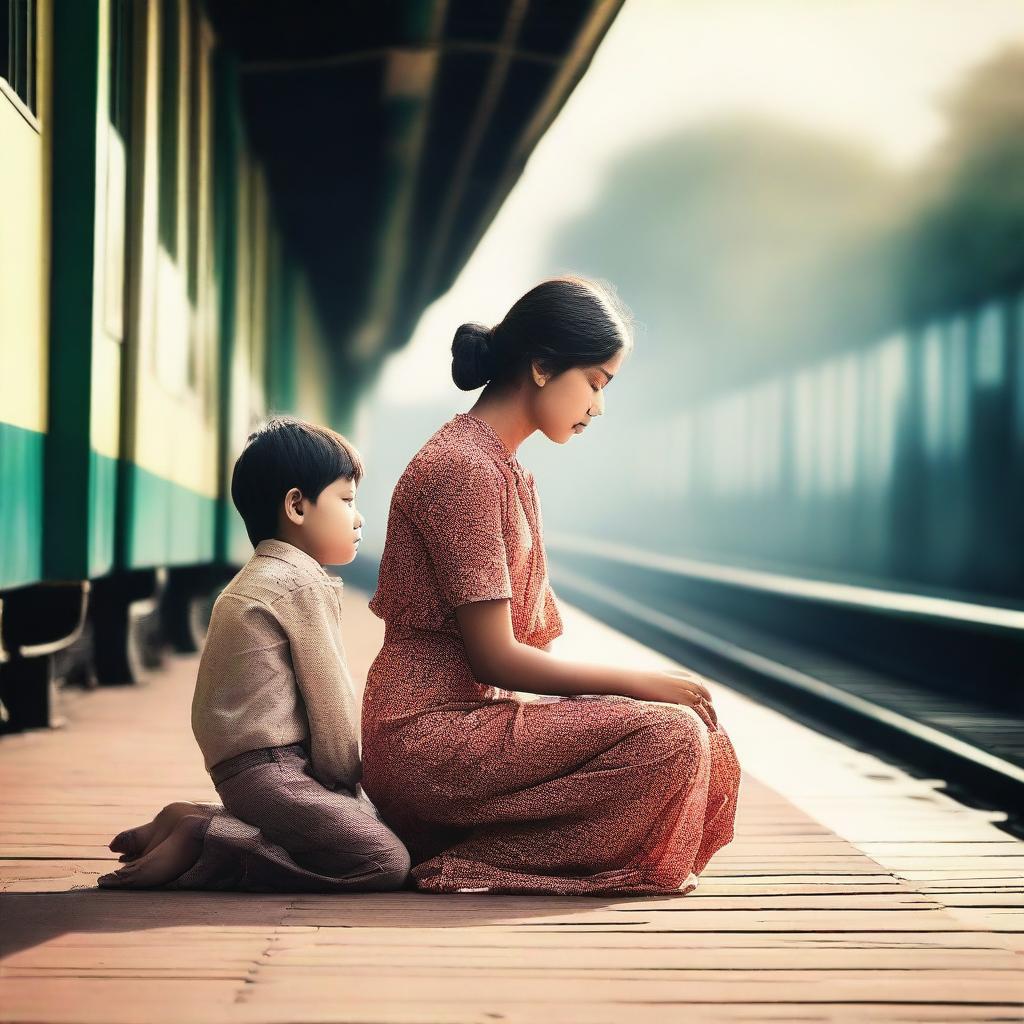 Create a cinematic emotional poster featuring a lady sitting on her knees with folded hands, persuading a boy at a railway station