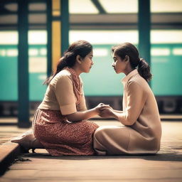 Create a cinematic emotional poster featuring a lady sitting on her knees with folded hands, persuading a boy at a railway station