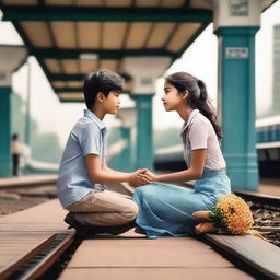 Create a cinematic emotional poster featuring a lady sitting on her knees with folded hands, persuading a boy at a railway station