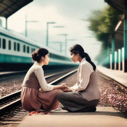 Create a cinematic emotional poster featuring a lady sitting on her knees with folded hands, persuading a boy at a railway station