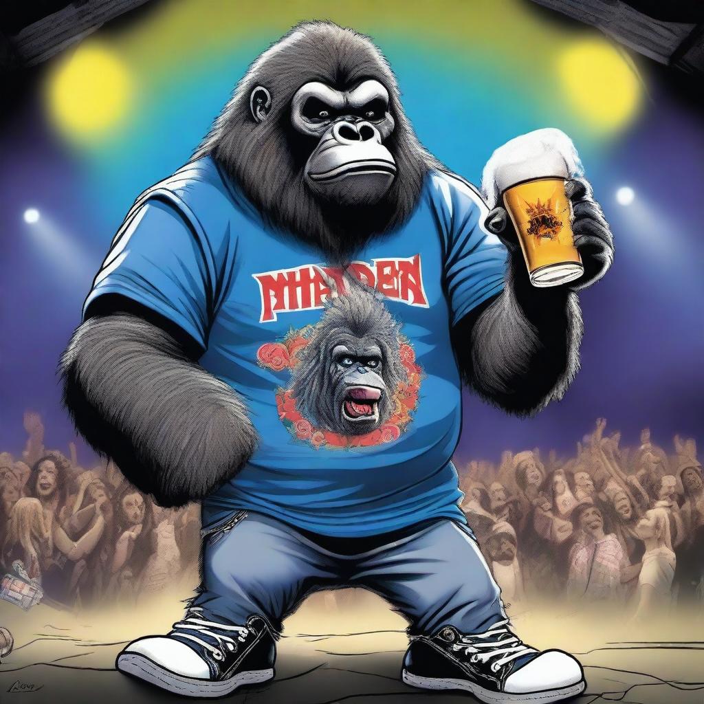 A rocker gorilla wearing an Iron Maiden band shirt, blue Converse shoes, and drinking a beer