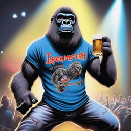 A rocker gorilla wearing an Iron Maiden band shirt, blue Converse shoes, and drinking a beer