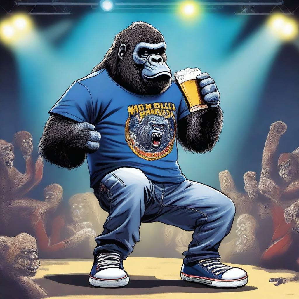 A rocker gorilla wearing an Iron Maiden band shirt, blue Converse shoes, and drinking a beer