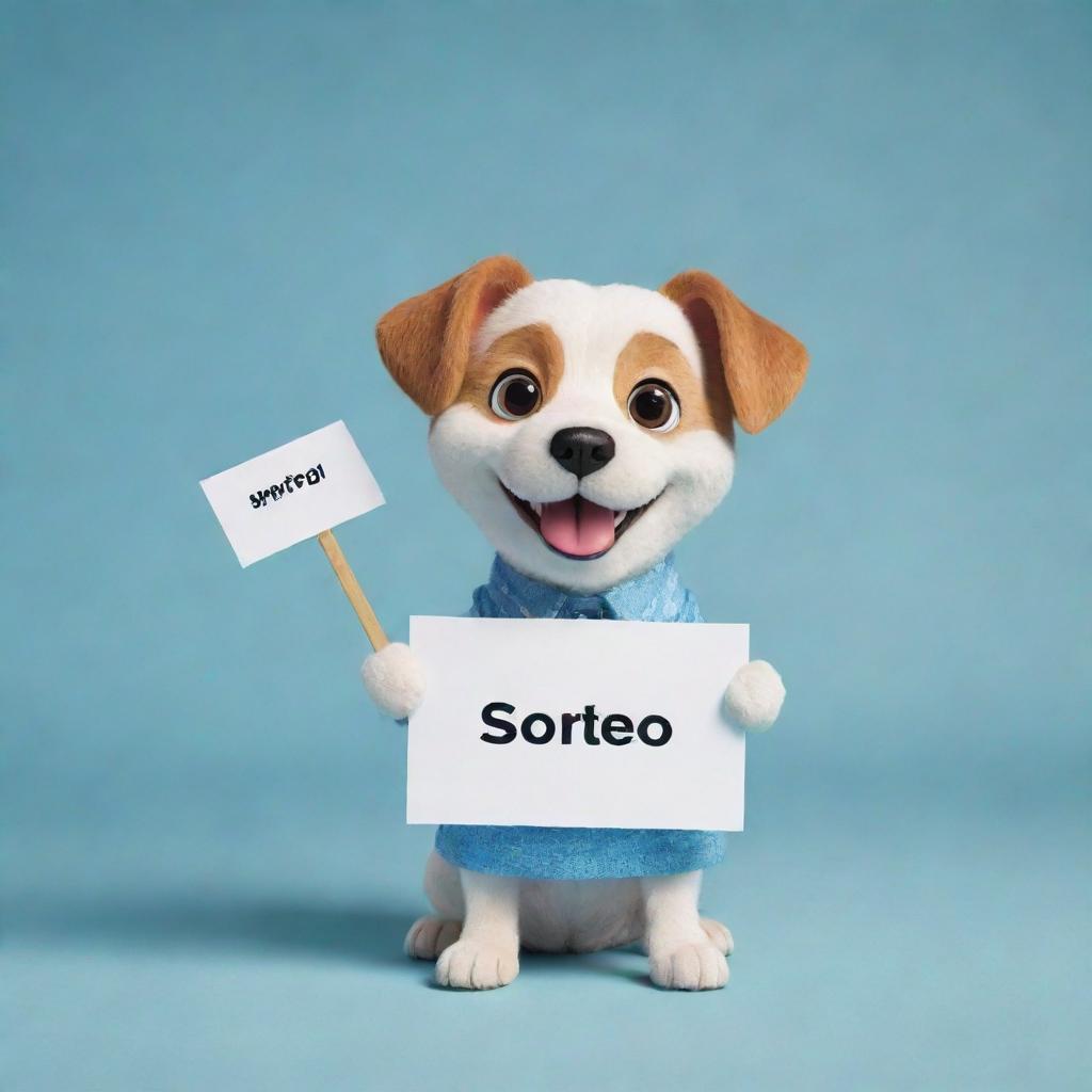 A friendly animated dog dressed in cute clothing, holding a sign that reads 'Sorteo'. The dog should have subtle animations like a wagging tail and blinking eyes. The background should be Instagram friendly.