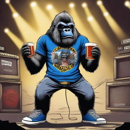 A rocker gorilla wearing an Iron Maiden band shirt, blue Converse shoes, and drinking a beer