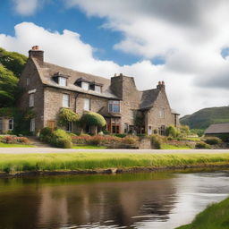 A picturesque Highland hotel nestled in the scenic Scottish Highlands, surrounded by lush greenery, rolling hills, and a serene lake