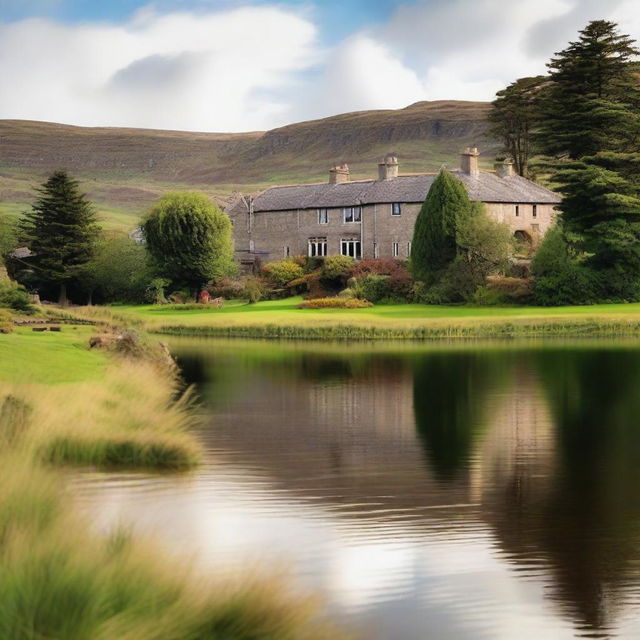 A picturesque Highland hotel nestled in the scenic Scottish Highlands, surrounded by lush greenery, rolling hills, and a serene lake