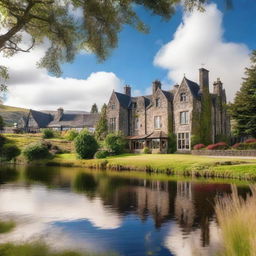 A picturesque Highland hotel nestled in the scenic Scottish Highlands, surrounded by lush greenery, rolling hills, and a serene lake