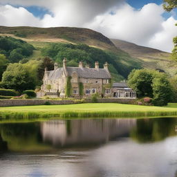 A picturesque Highland hotel nestled in the scenic Scottish Highlands, surrounded by lush greenery, rolling hills, and a serene lake