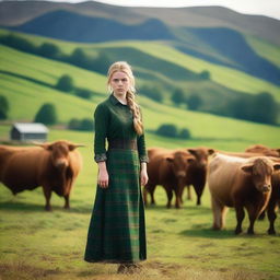 A picturesque scene inside a Scottish cattle farm, featuring a beautiful girl standing gracefully among the cattle