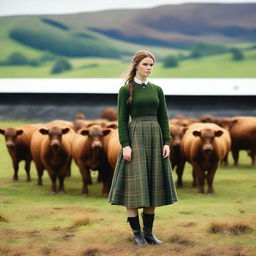 A picturesque scene inside a Scottish cattle farm, featuring a beautiful girl standing gracefully among the cattle