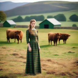 A picturesque scene inside a Scottish cattle farm, featuring a beautiful girl standing gracefully among the cattle