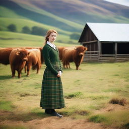 A picturesque scene inside a Scottish cattle farm, featuring a beautiful girl standing gracefully among the cattle