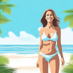 Create an image featuring a person wearing a bikini, standing on a sunny beach with clear blue skies and gentle waves in the background