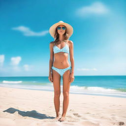 Create an image featuring a person wearing a bikini, standing on a sunny beach with clear blue skies and gentle waves in the background