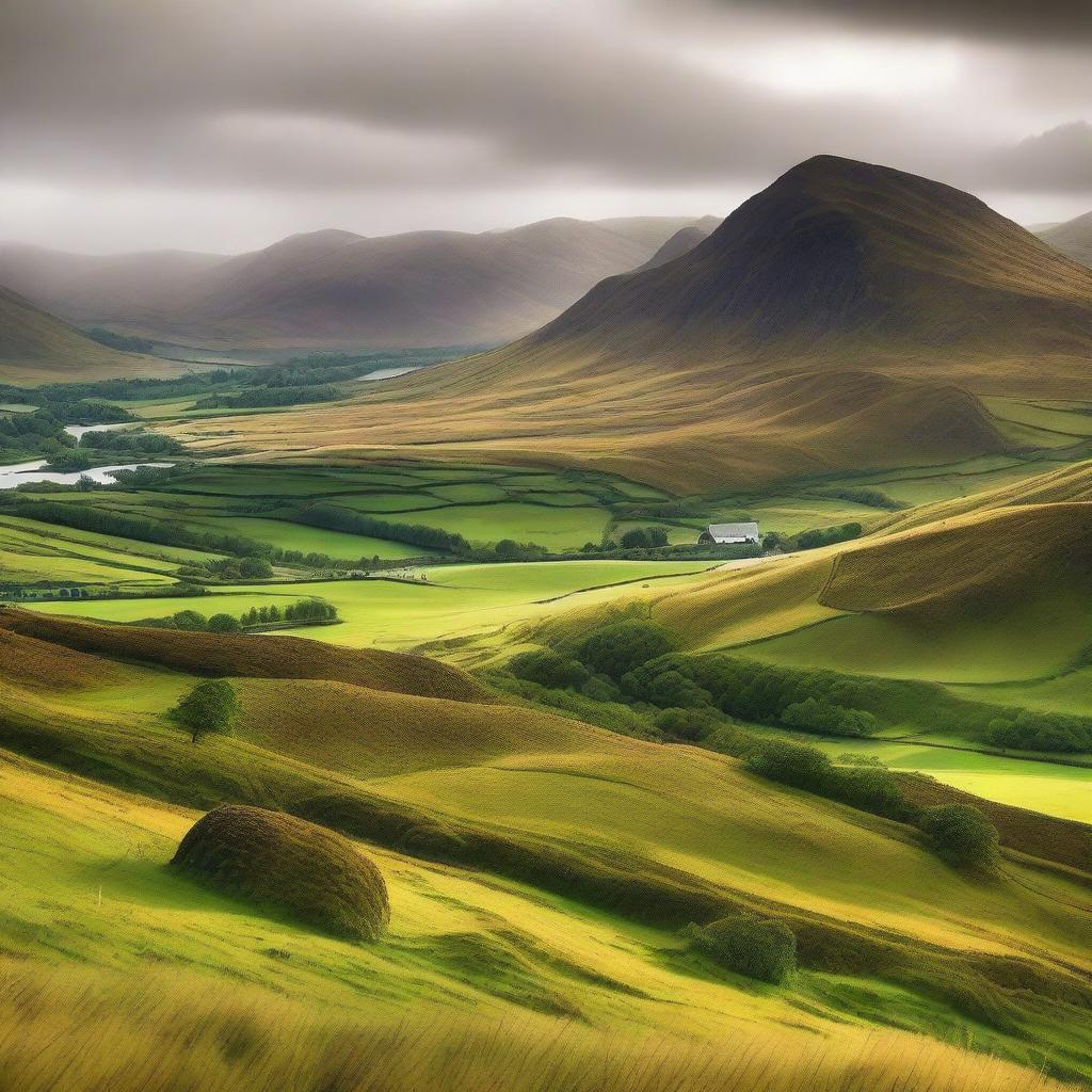 A breathtaking view of the Scottish Highlands with rolling hills, lush green landscapes, and mist-covered mountains