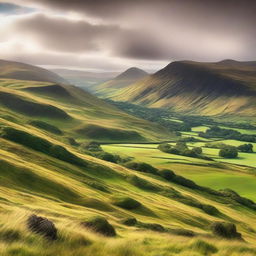 A breathtaking view of the Scottish Highlands with rolling hills, lush green landscapes, and mist-covered mountains