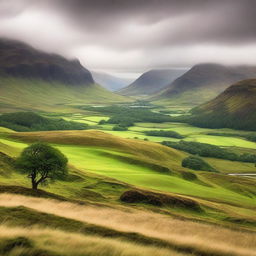 A breathtaking view of the Scottish Highlands with rolling hills, lush green landscapes, and mist-covered mountains