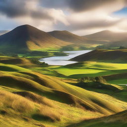 A breathtaking view of the Scottish Highlands with rolling hills, lush green landscapes, and mist-covered mountains