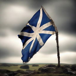 A tattered Scottish flag standing tall after a fierce battle