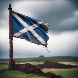 A tattered Scottish flag standing tall after a fierce battle