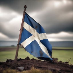 A tattered Scottish flag standing tall after a fierce battle