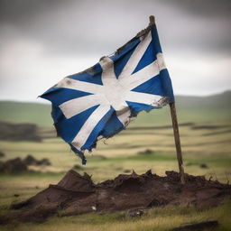 A tattered Scottish flag standing tall after a fierce battle