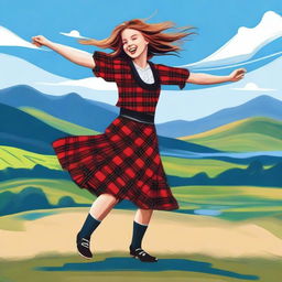 A joyful Scottish girl dancing in traditional Highland attire