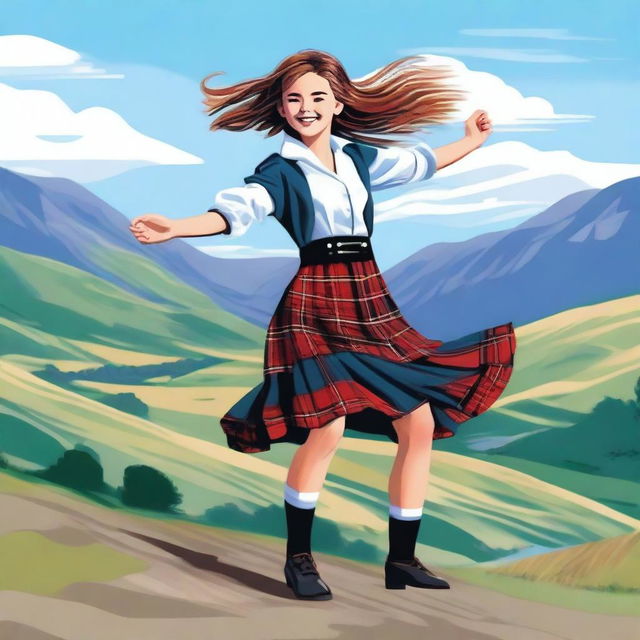 A joyful Scottish girl dancing in traditional Highland attire