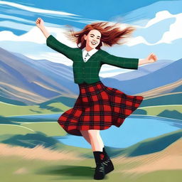 A joyful Scottish girl dancing in traditional Highland attire