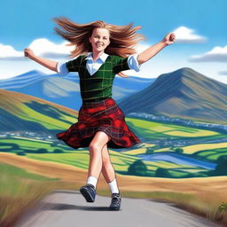 A joyful Scottish girl dancing in traditional Highland attire