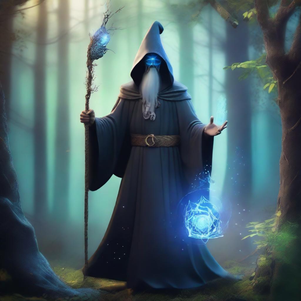 A male wizard wearing a phantom mask, standing in a mystical forest with glowing magical symbols floating around him